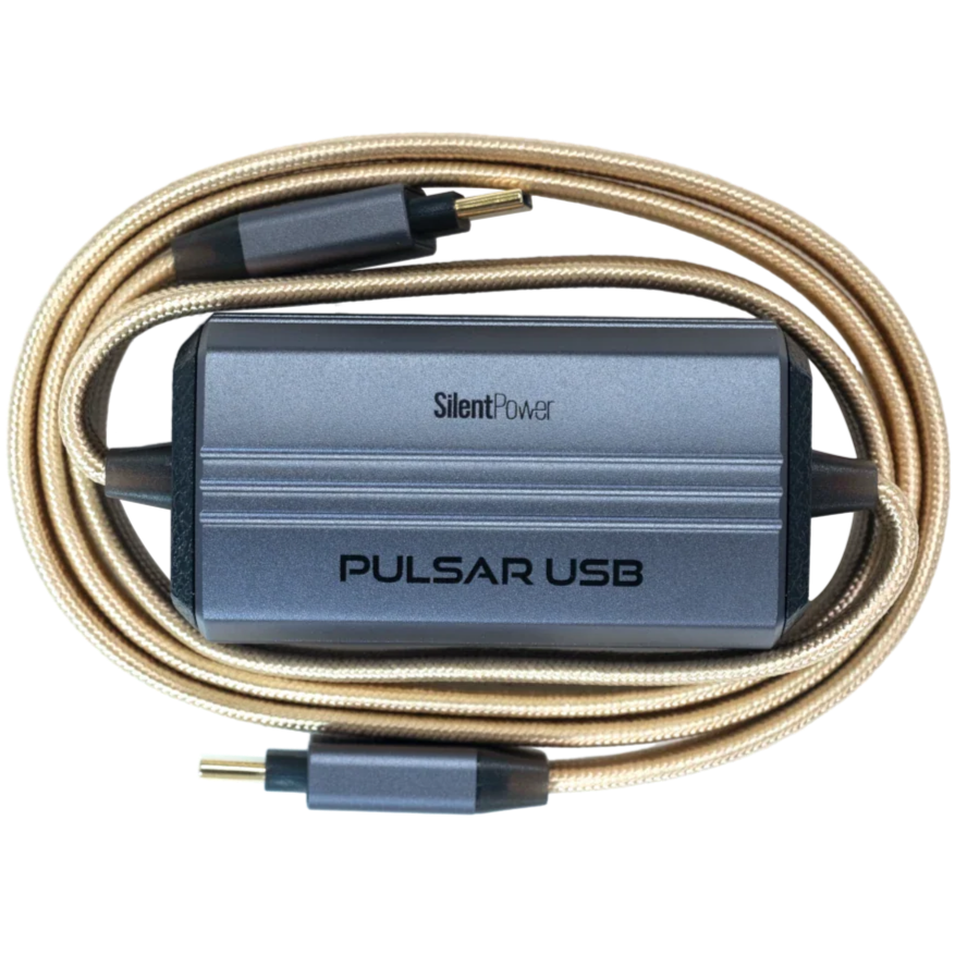 SilentPower Pulsar USB noise filter and conditioner showing compact design with USB connection port and indicator lights.