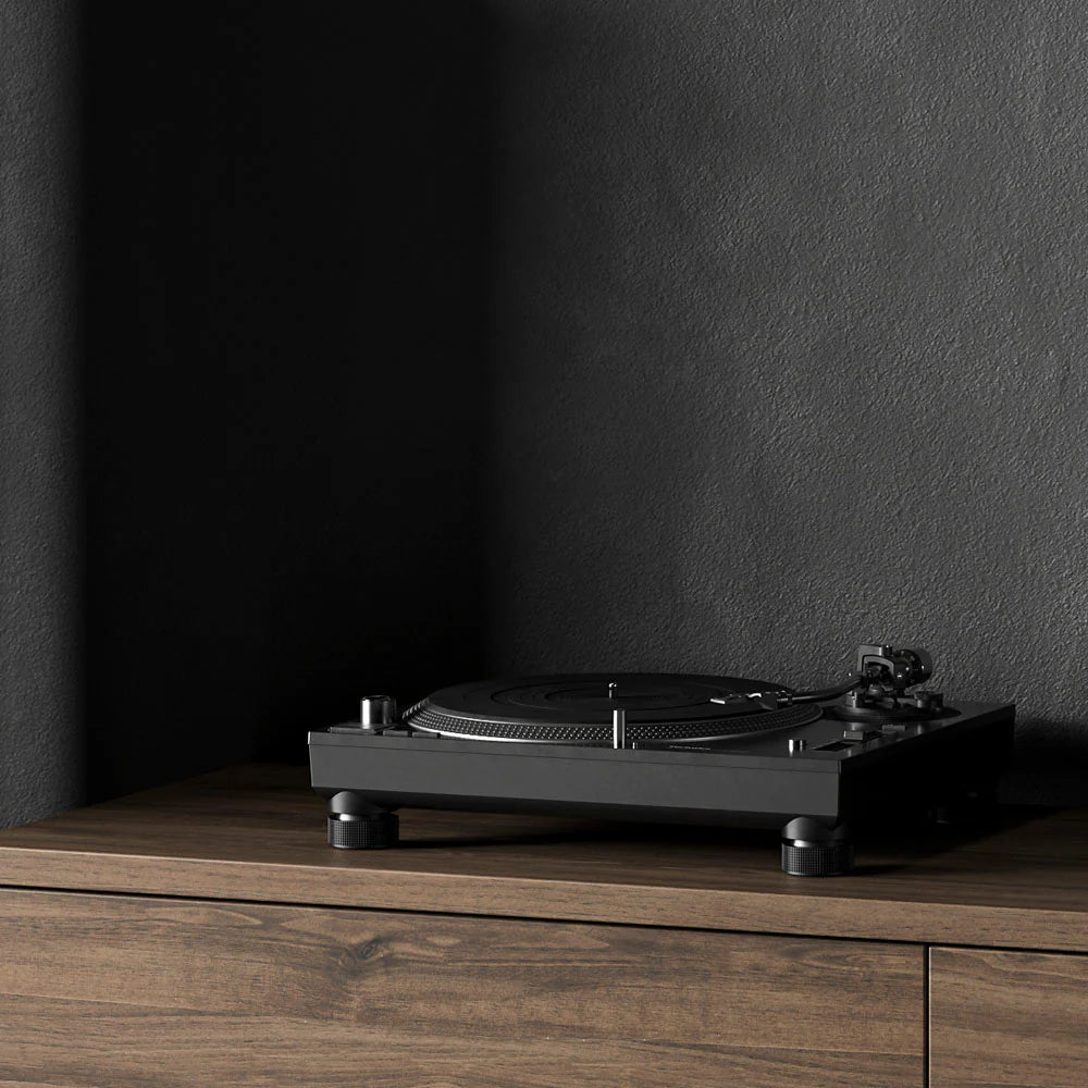 Technics SL-1210GR2 turntable with black plinth, silver tonearm, and control knobs, showcasing high-quality audio equipment.