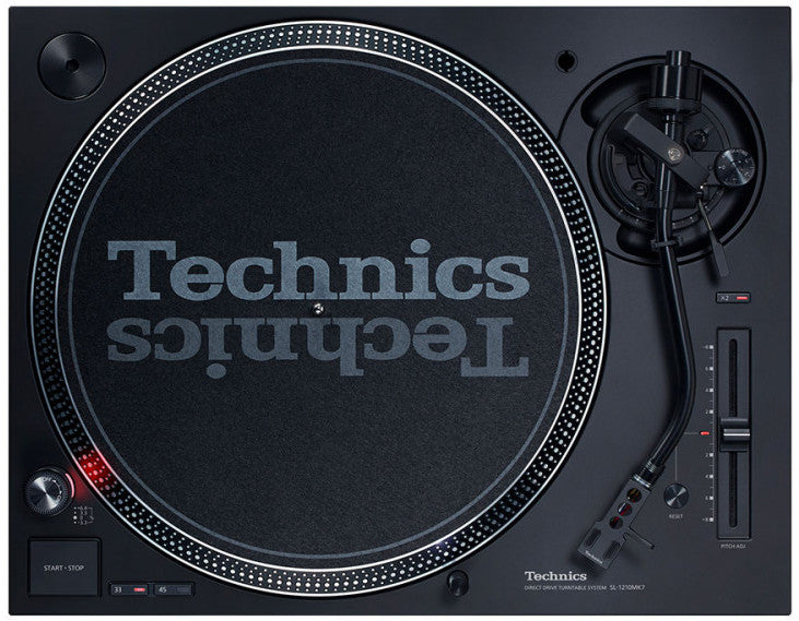 Technics SL-1210MK7 DJ turntable with black matte finish, tonearm and control buttons visible on top view.