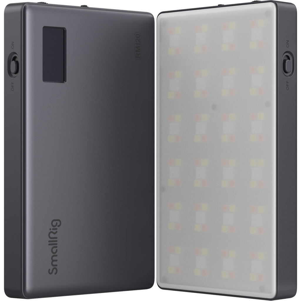 SmallRig RM120 RGB video light showing adjustable color temperature and brightness settings on its compact design.