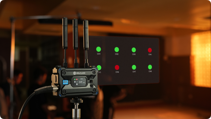 Hollyland Pyro Transmission Kit with video monitors showing image quality and connectivity features for professional video streaming.