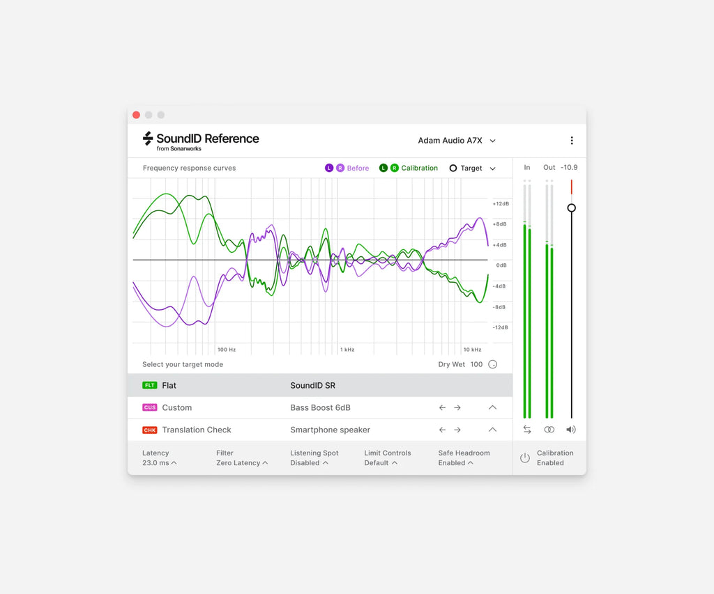 Sonarworks SoundID Reference music production software interface displayed on speakers for accurate sound calibration.