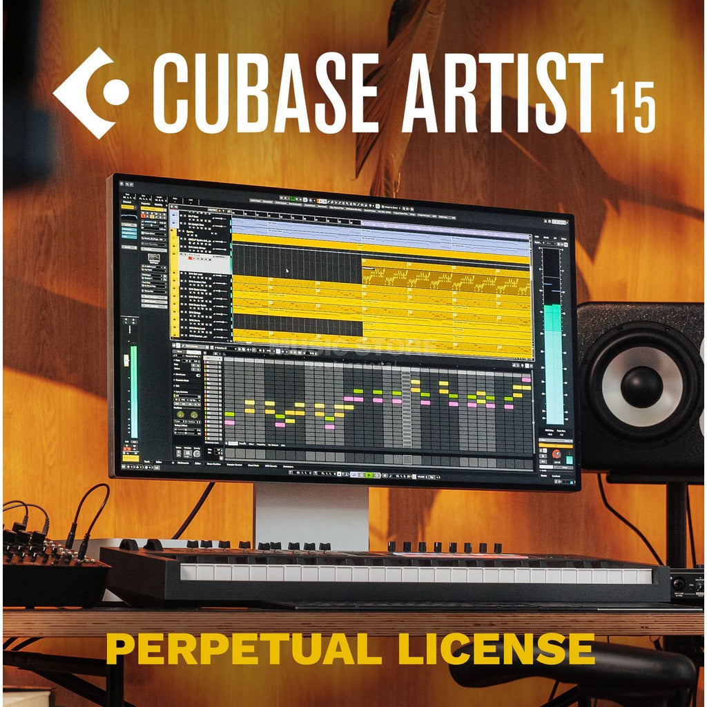 Steinberg Cubase Artist 15 DAW software box with logo and product name, featuring a sleek black design and digital interface on the cover.
