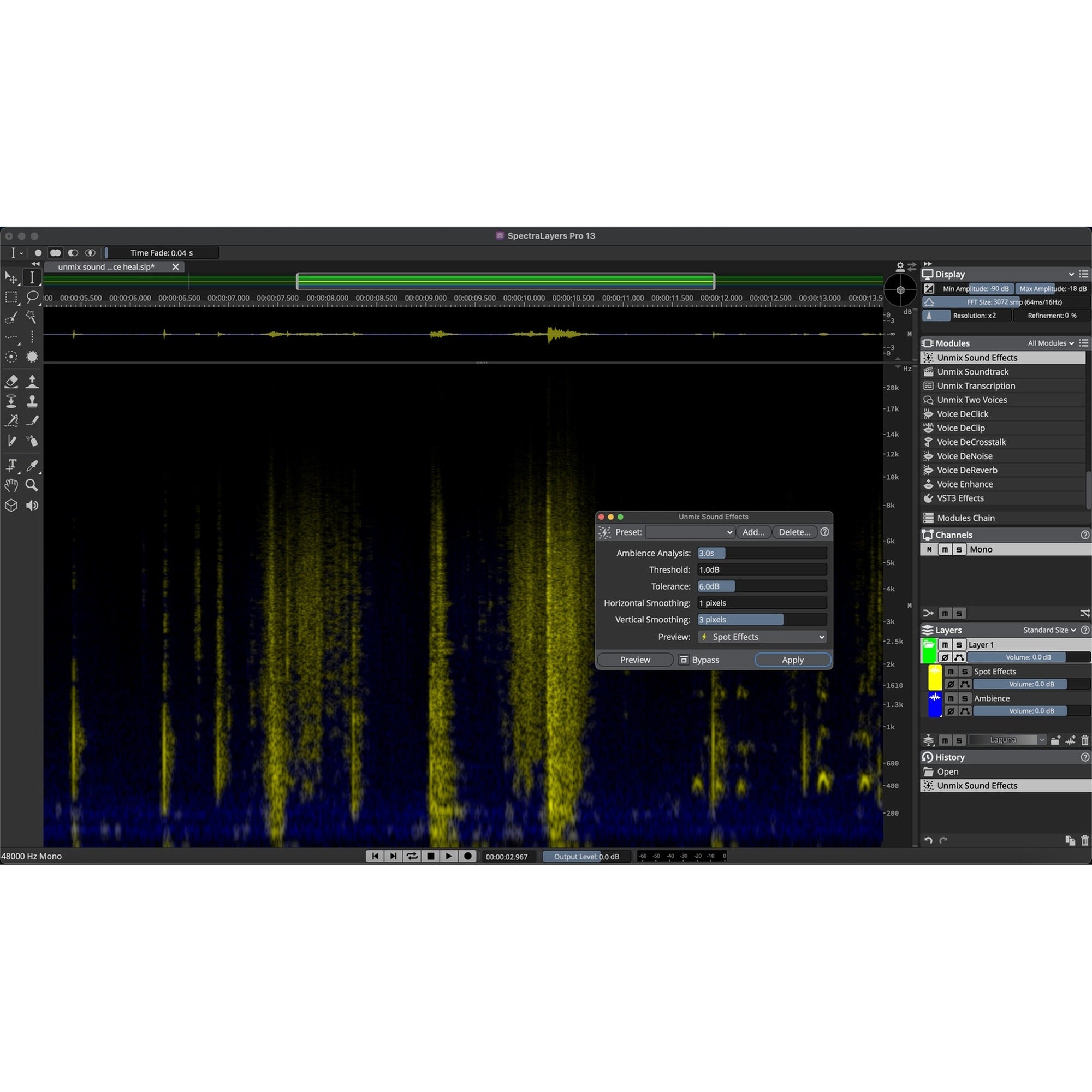 Steinberg SpectraLayers Elements 13 spectrogram view showing spectral audio editing tools.