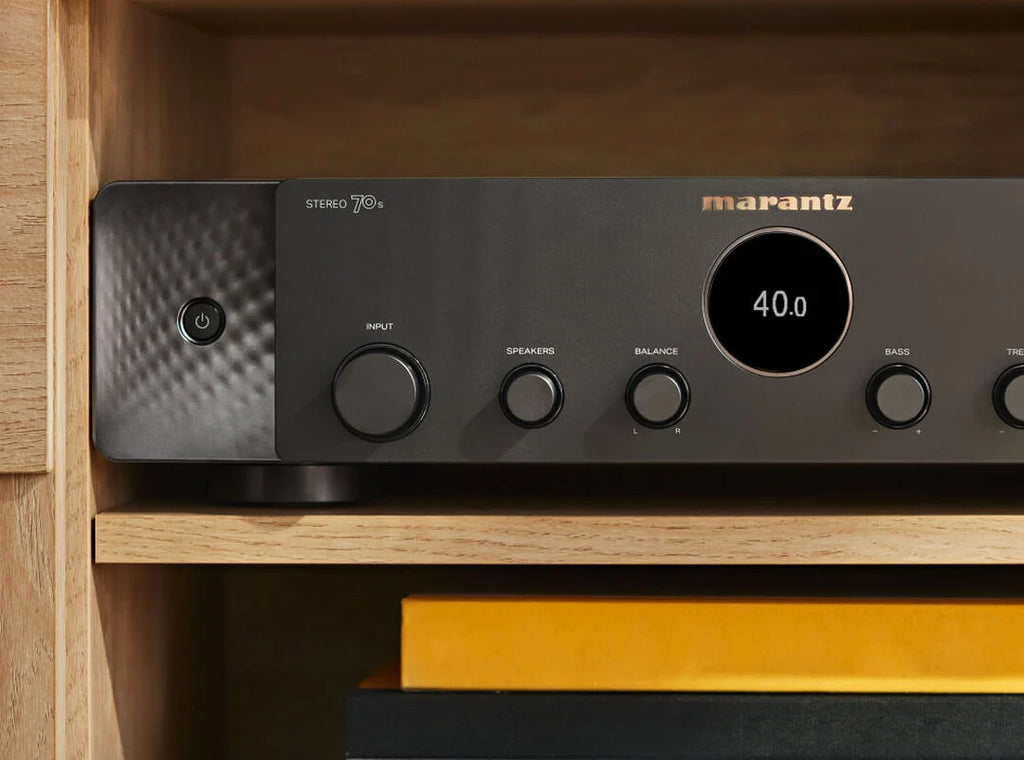 Marantz Stereo 70s vintage stereo amplifier with control knobs and display, showcasing classic design and build quality.