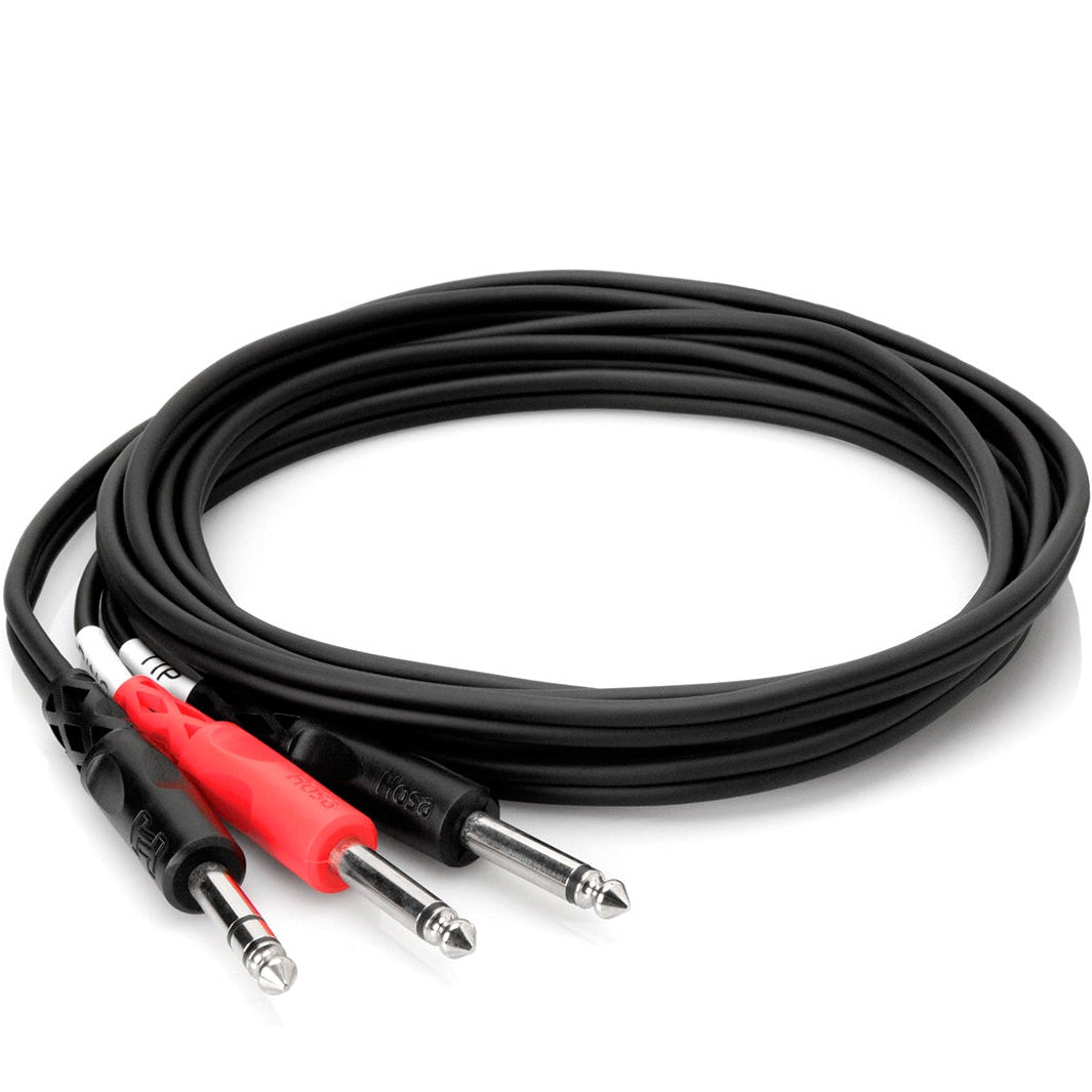 Hosa STP-202 dual 6.3mm TS to 6.3mm TRS Y-cable, 2 meters long, coiled design for easy cable management.