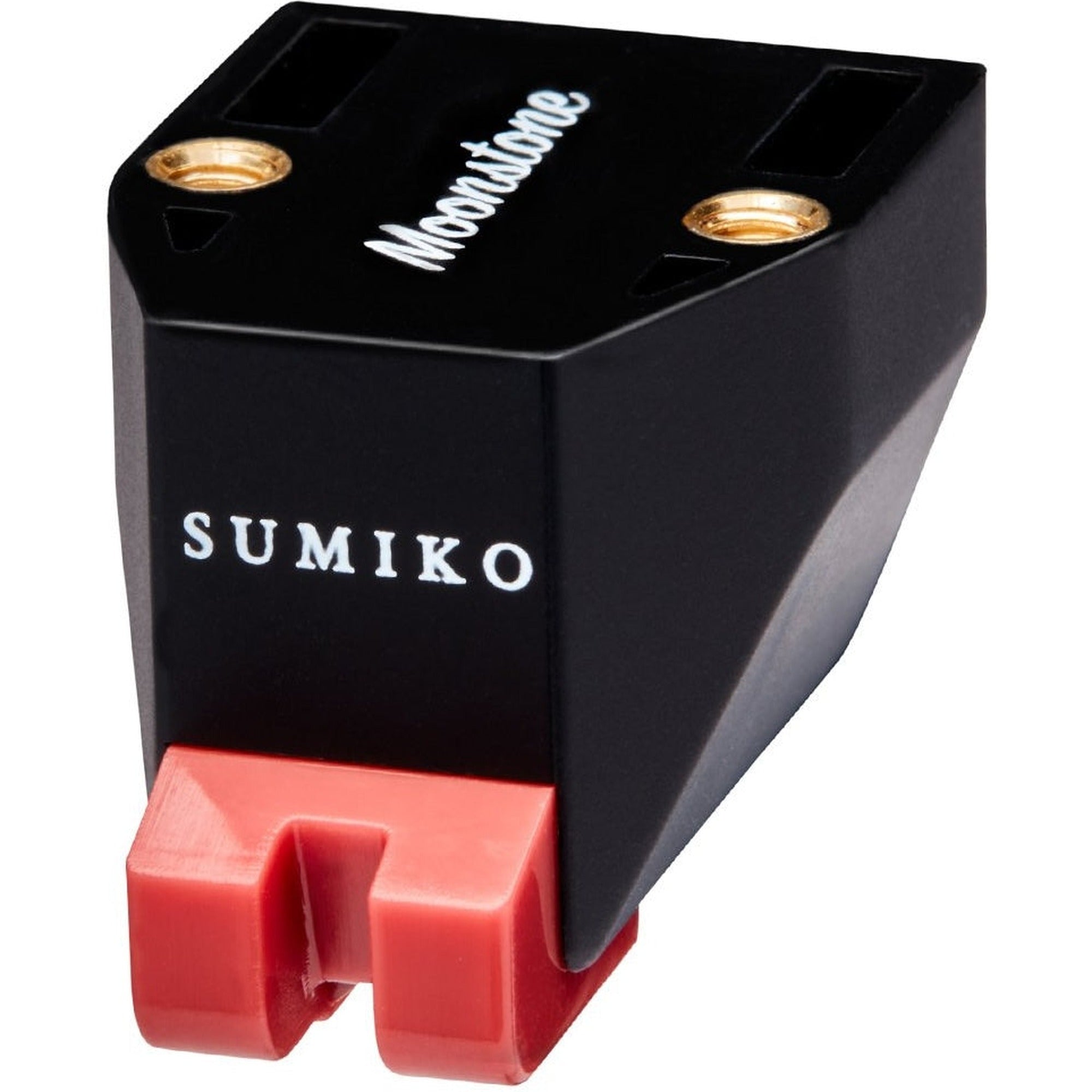 Sumiko Moonstone MM phono cartridge mounted on a turntable, showcasing its sleek design and stylus for high-quality vinyl playback.