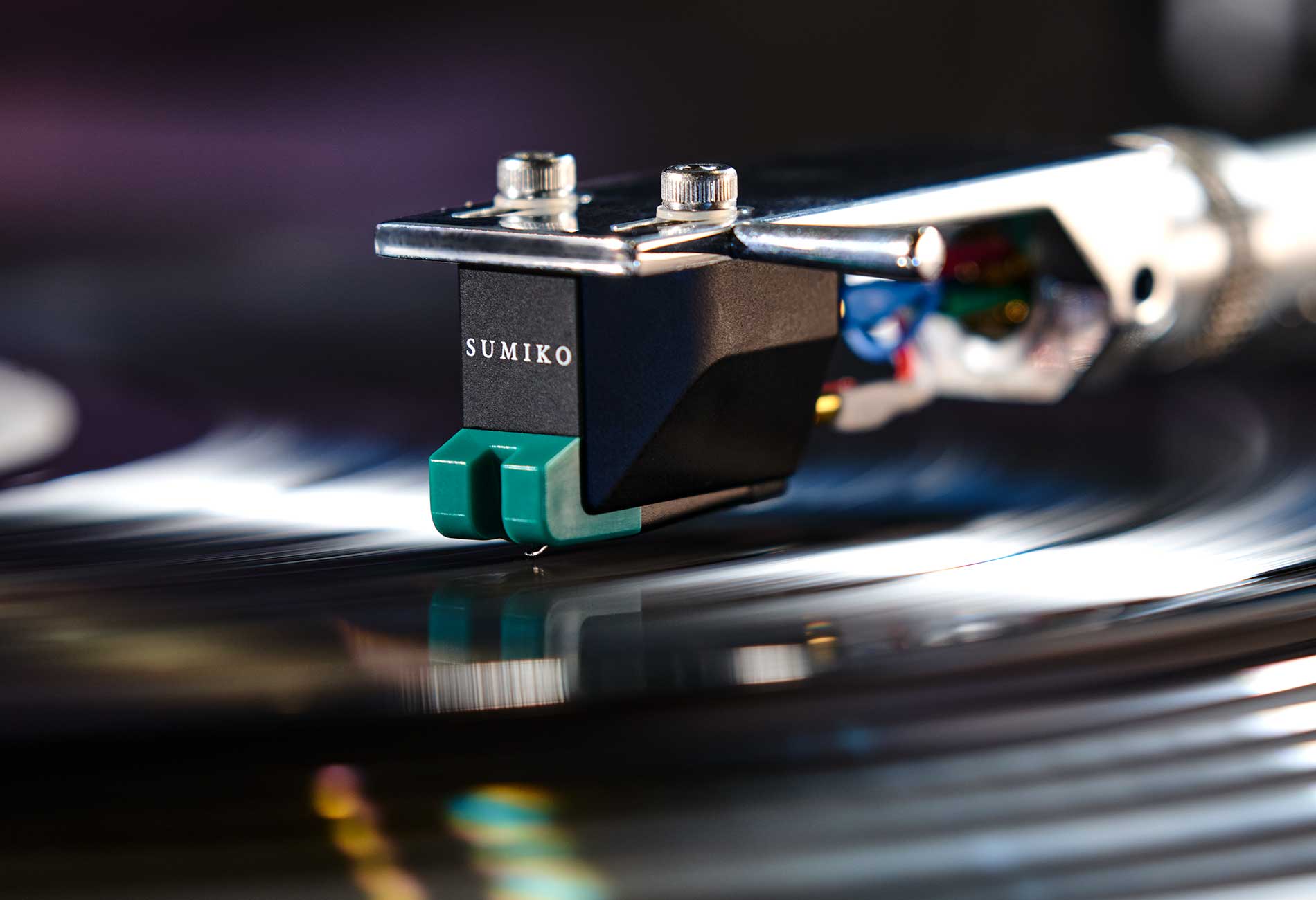 Sumiko Olympia MM phono cartridge installed on Technics 1200 turntable, showing detailed view of cartridge and stylus.