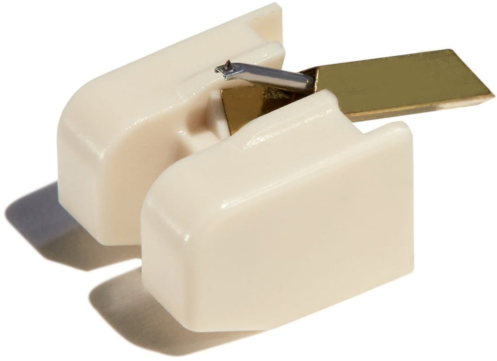 Sumiko Rainier MM turntable stylus with elliptical tip for high-quality vinyl playback, shown in a close-up image.