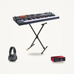 Arturia MiniFreak 49 synthesizer on a Hercules KS100B stand with a Focusrite Scarlett Solo 4th Gen interface and Audio-Technica ATH-M40x headphones