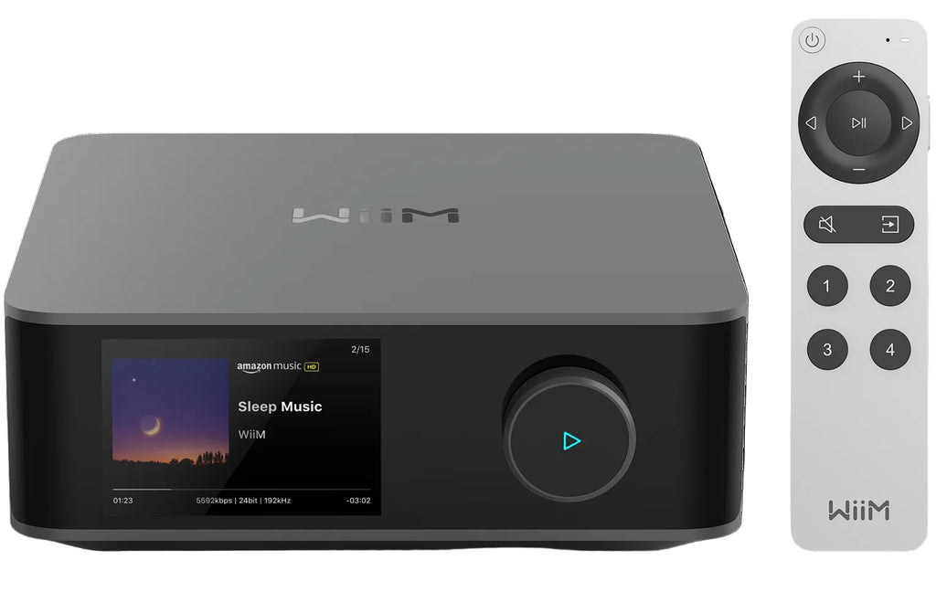 WiiM Amp Ultra stereo amplifier with sleek black design, featuring multiple input ports and volume control knobs.