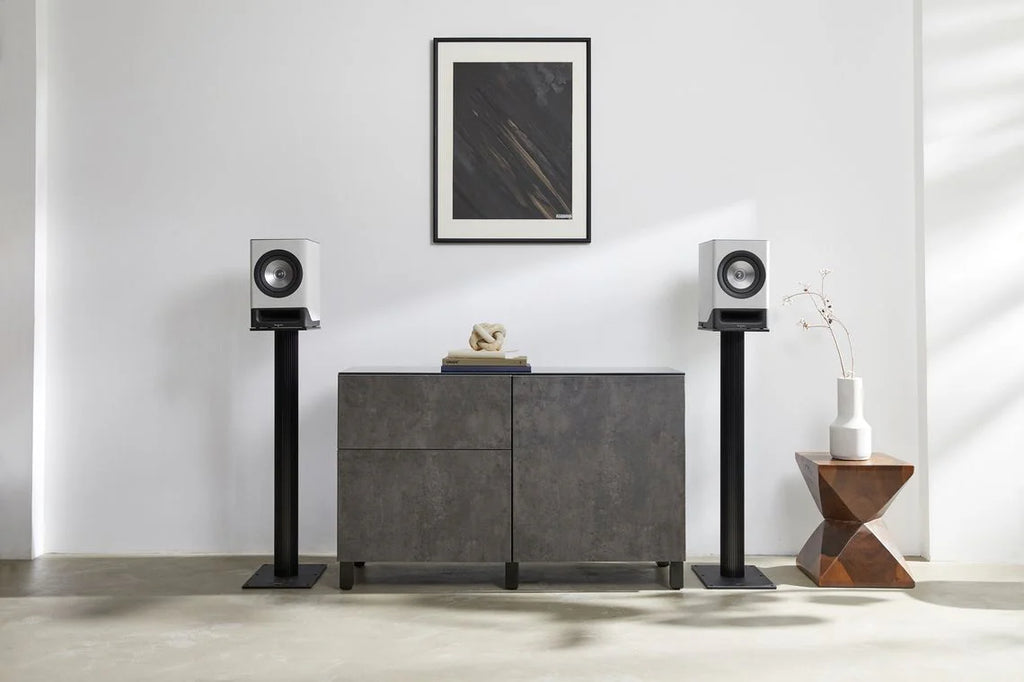 Technics SC-CX700 active bookshelf speakers in gray with volume and bass controls, designed for high-quality audio.