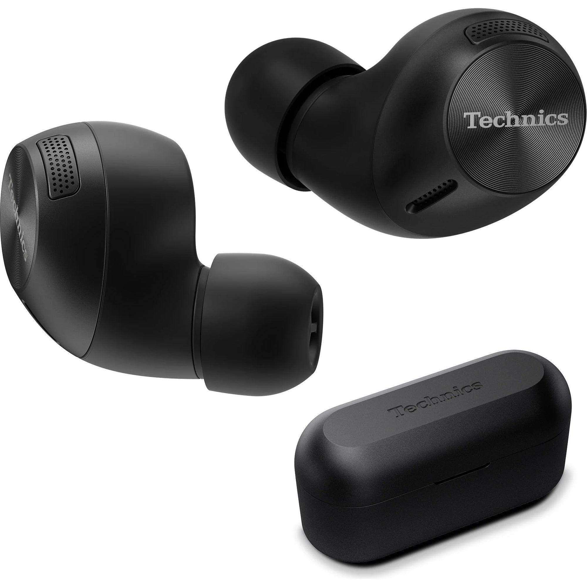 Wireless in-ear headphones by Technics, model EAH-AZ40M2, shown in black with sleek design and in-ear earbuds.