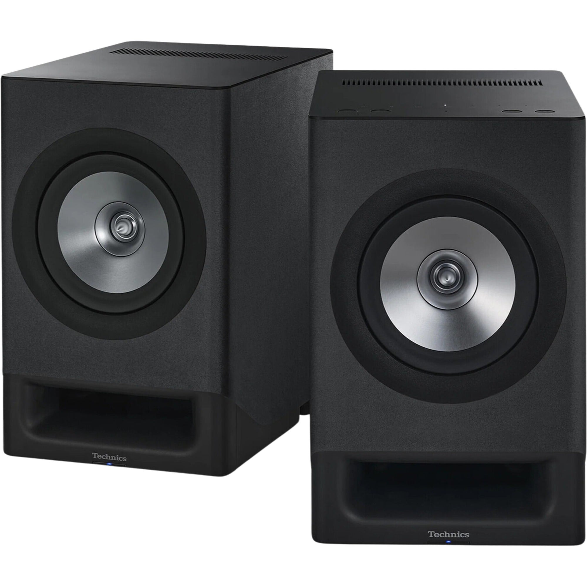 Technics SC-CX700 active bookshelf speakers with sleek black finish and modern design, showcasing their compact, stylish audio setup.