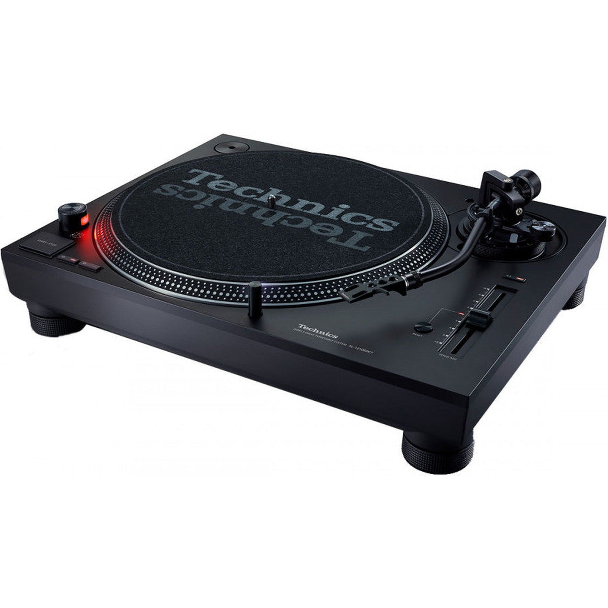 Technics SL-1210MK7 DJ turntable with black platter and tonearm, featuring modern design and high-quality build for professional DJs.