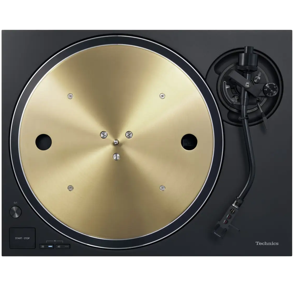 Black Technics SL-1300G turntable with direct-drive motor, featuring a sleek design and tonearm for high-quality vinyl playback.