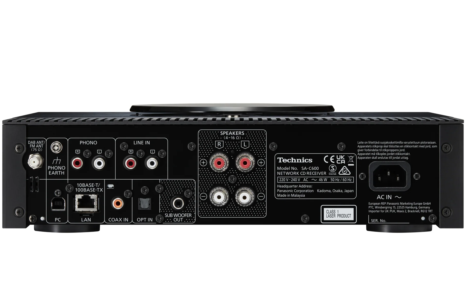 Rear view of Technics SA-C600 stereo amplifier showing input and output ports on the back panel.