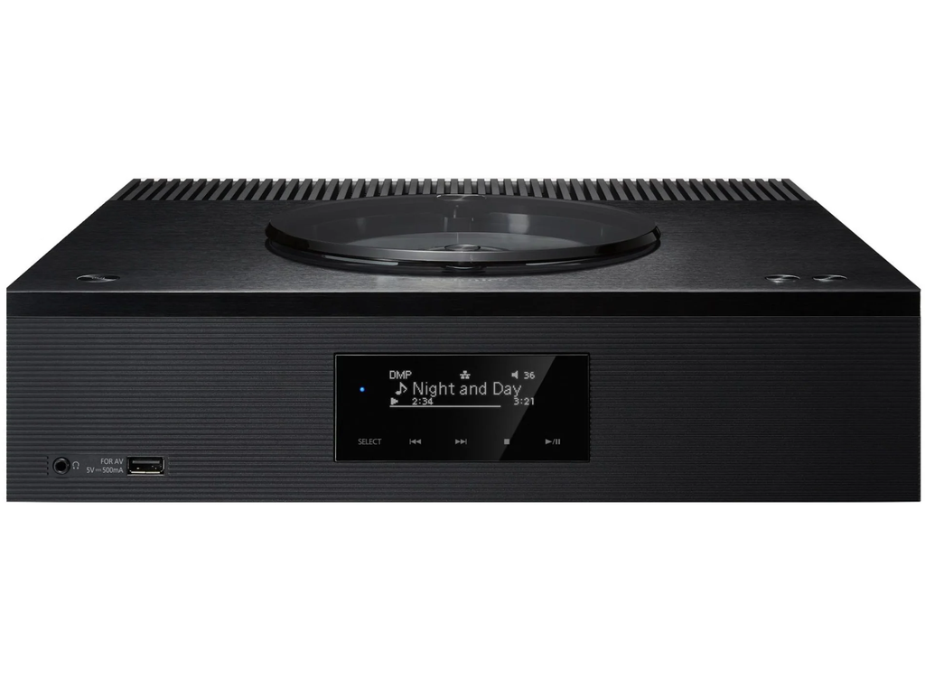 Black Technics SA-C600 stereo amplifier with control knobs and display screen, showcasing a sleek, modern design.