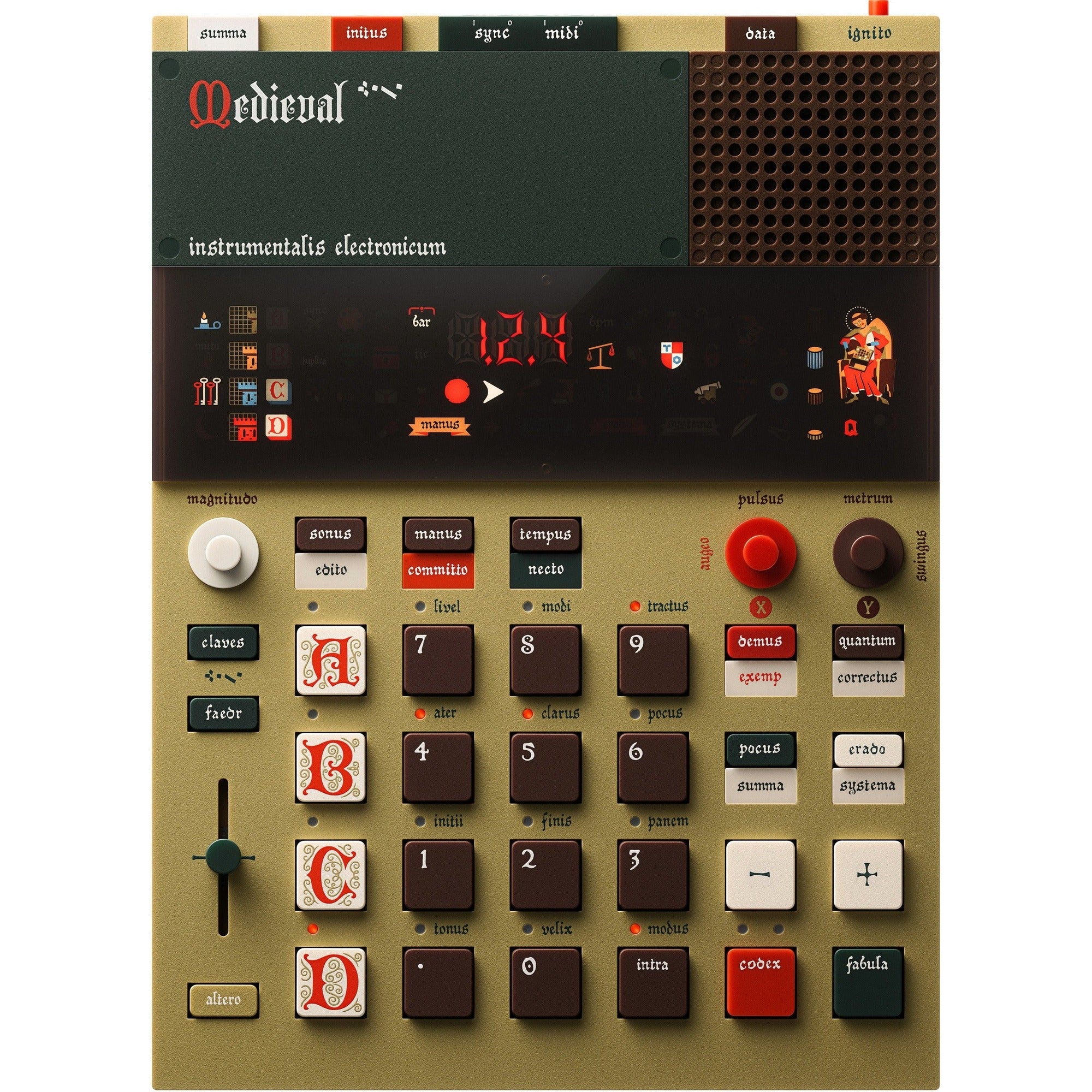 Teenage Engineering EP-1320 Medieval drum machine and sampler, B-Stock, with colorful control knobs and interface visible.