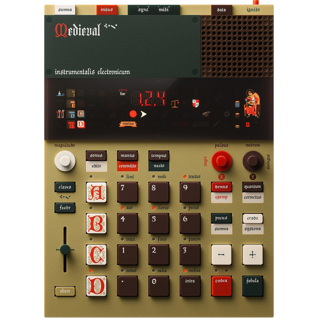 Teenage Engineering EP-1320 Medieval drum machine and sampler with colorful interface and controls, designed for music production.