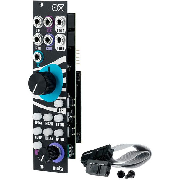 OXI Instruments Meta semi-modular synthesizer with patch cables and control knobs, black and silver design, electronic music gear