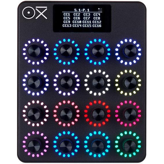 OXI Instruments E16 MIDI controller with numerous knobs and pads, designed for music production and live performance.