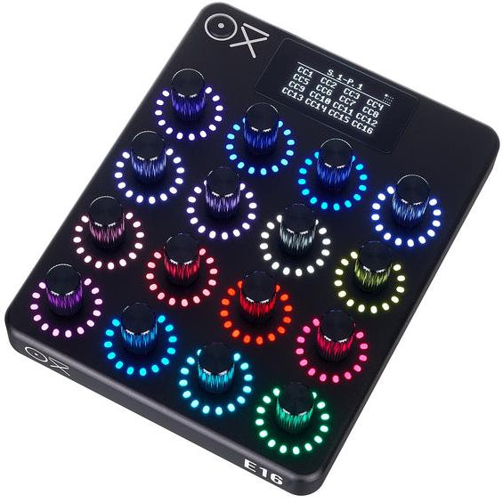 OXI Instruments E16 MIDI controller with multiple knobs and pads, designed for music production and live performance.