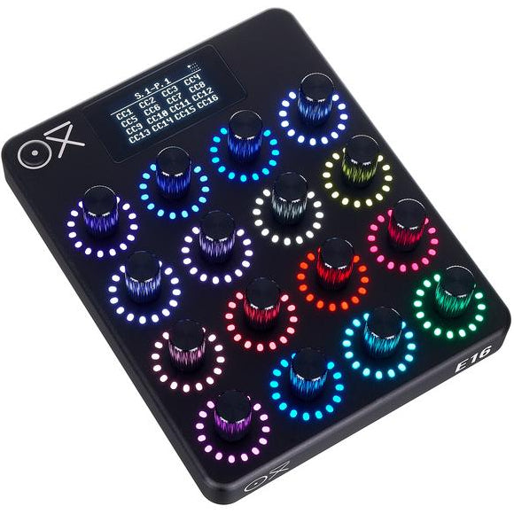 OXI Instruments E16 MIDI controller with knobs and pads, designed for music production and live performance.