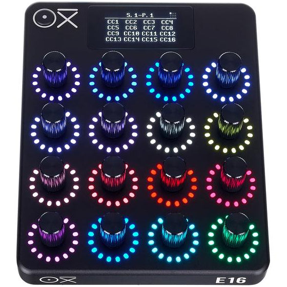 OXI Instruments E16 MIDI controller with knobs and buttons for music production, shown on Thomann product image.