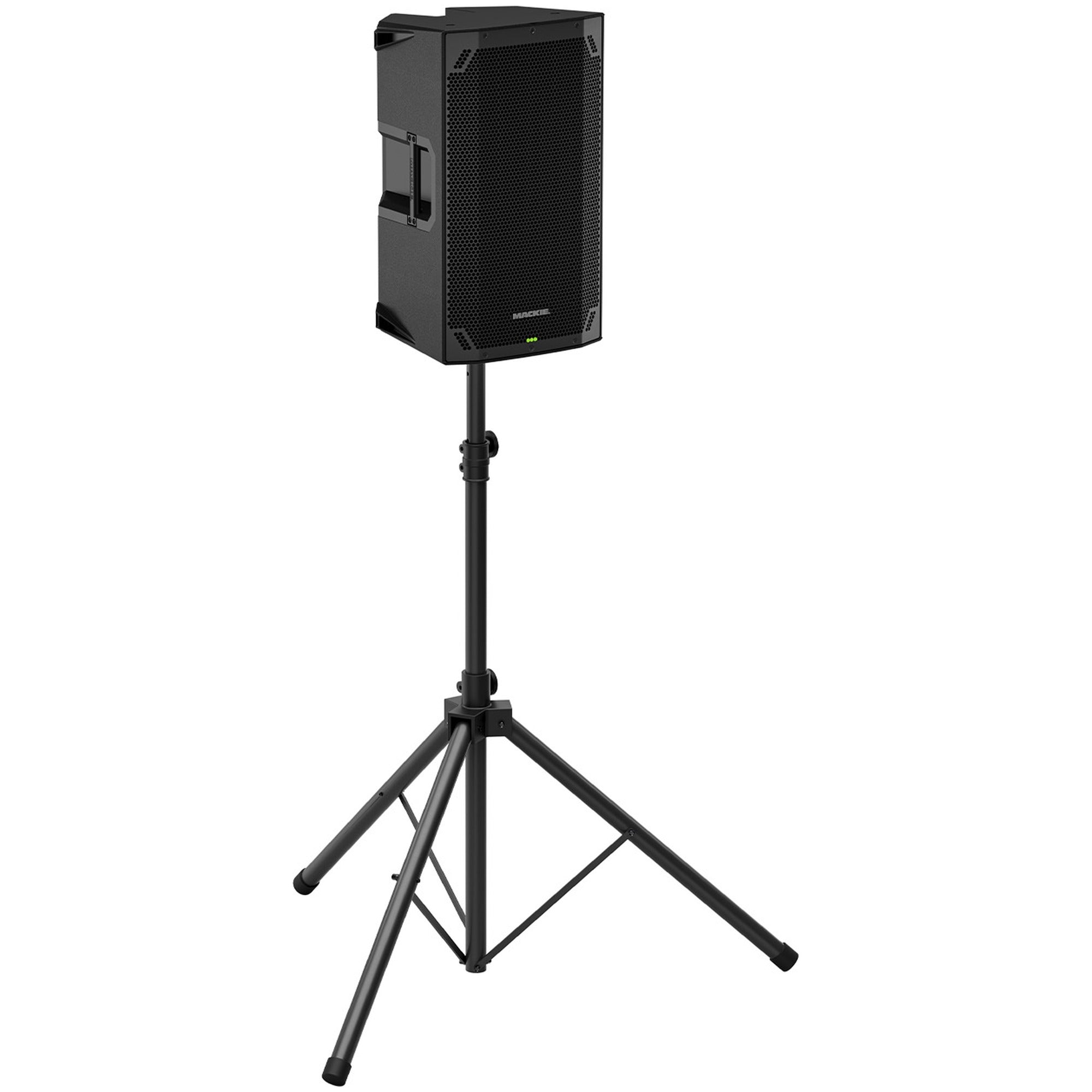 Mackie Thump15v4 active loudspeaker on a tripod stand, showcasing its large speaker cone and durable enclosure.