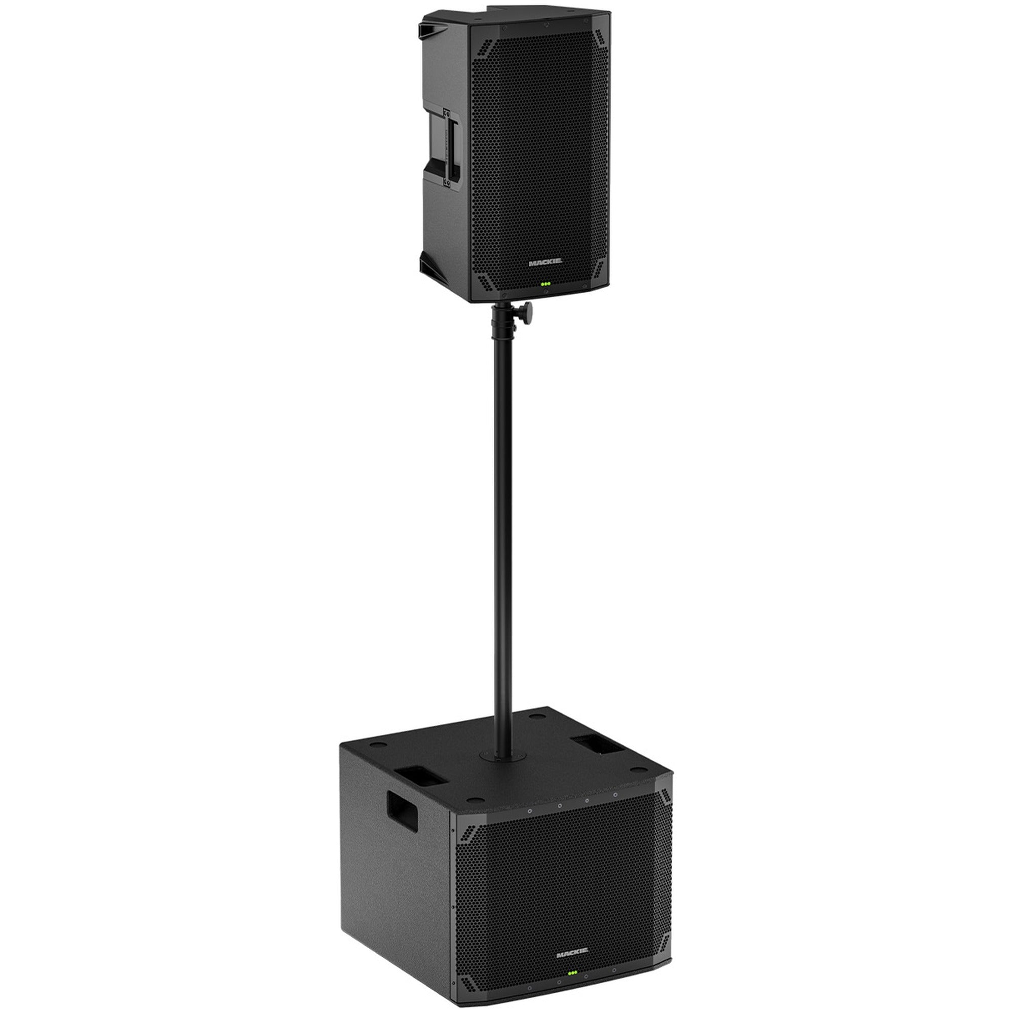Stacked Mackie Thump15v4 active loudspeakers, showcasing their large 15-inch drivers and rugged design for live sound reinforcement.