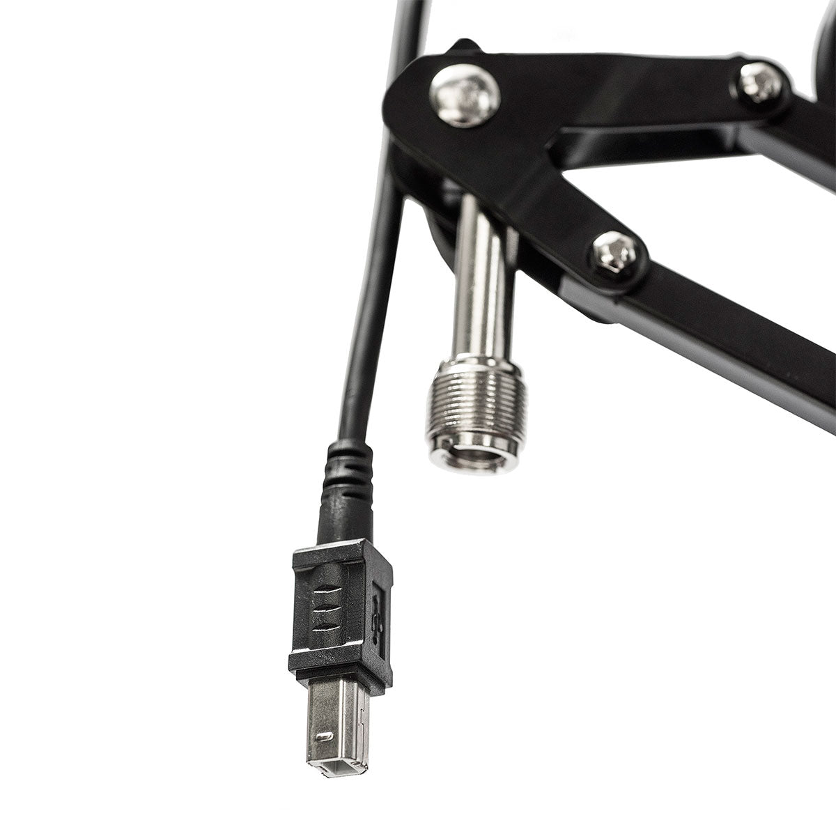 Tie Studio Flex Pro Broadcast Mic Stand, USB-A connector and desk clamp close-up