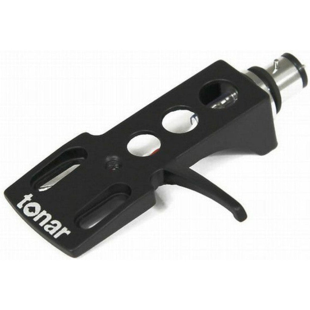 Black Tonar DJ Headshell for cartridges, shown with mounting and wiring details, ideal for turntable setup and DJ equipment.