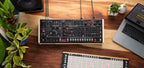Sequential Trigon-6 Desktop synthesizer with sleek black control panel and various knobs and inputs, designed for music production.