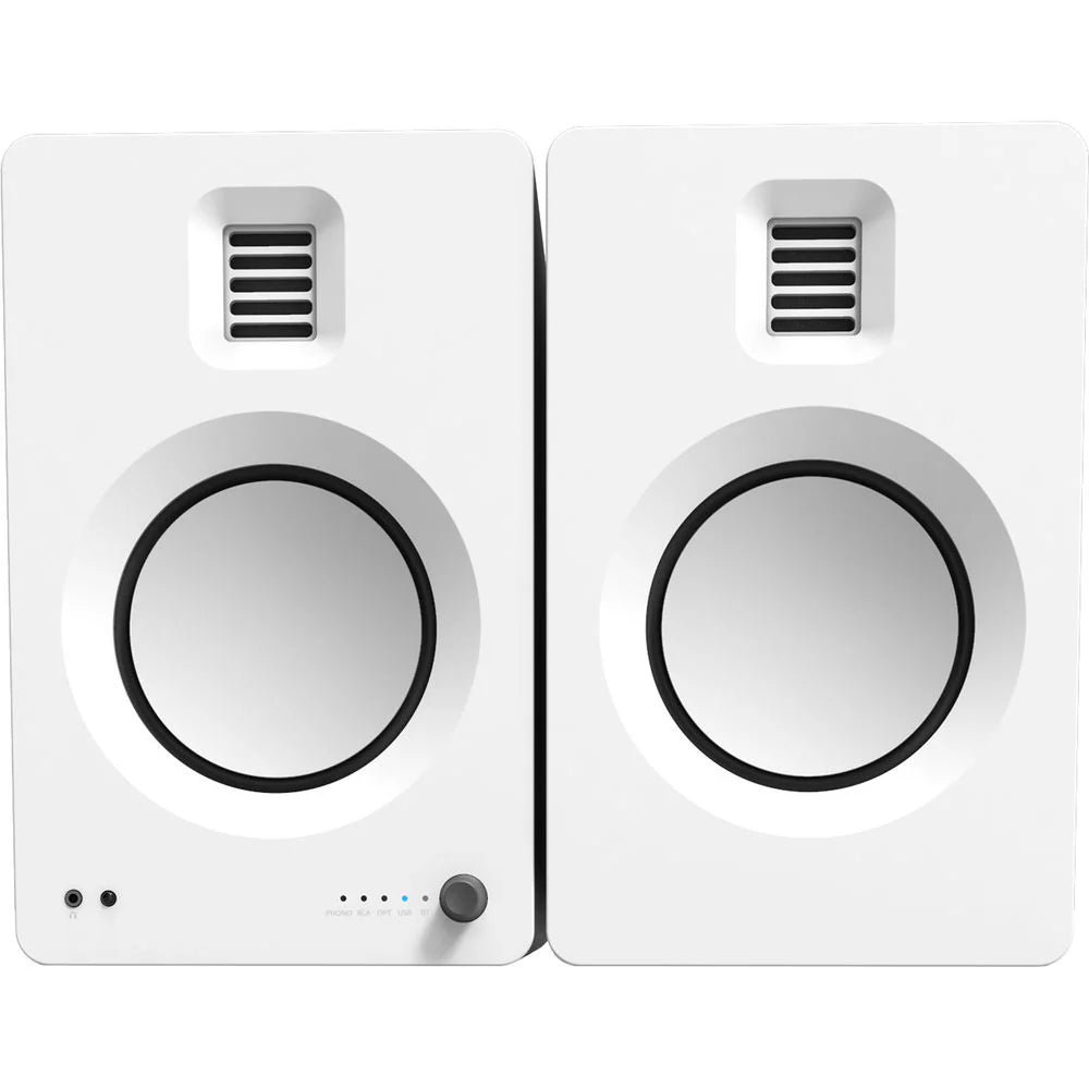 Kanto Audio TUK wireless speakers in white, compact design with sleek finish and visible control buttons on the front.