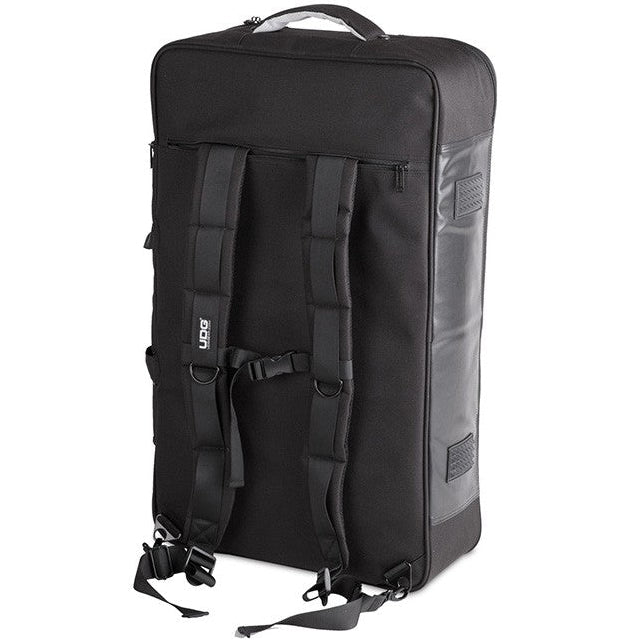 UDG Urbanite large MIDI controller backpack in black, featuring padded compartments and adjustable straps for DJs.