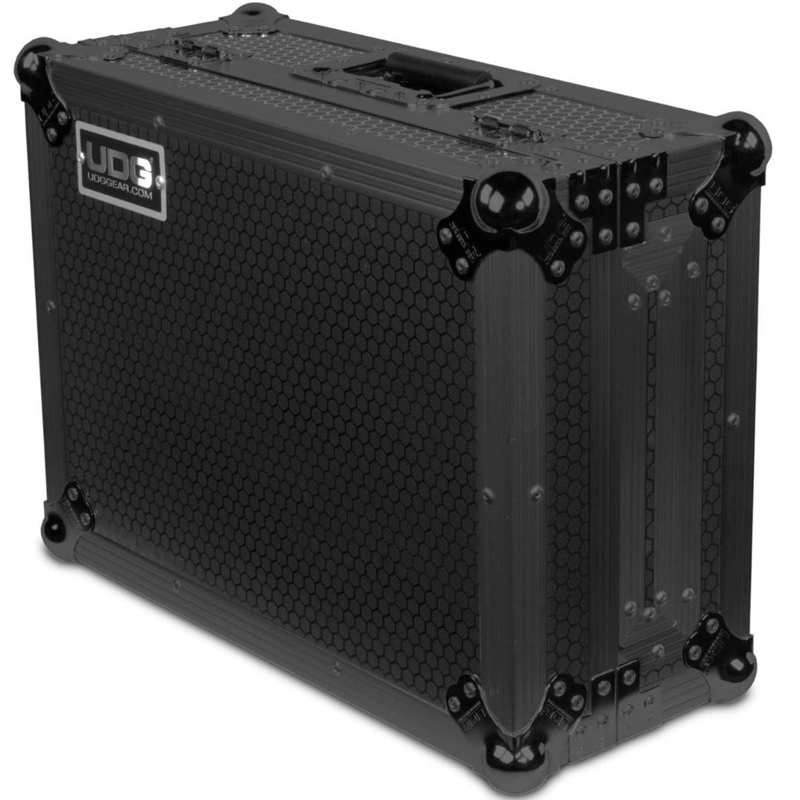 Black UDG Ultimate Flight Case for CDJ and mixer, durable DJ equipment case with secure latching and protective padding.