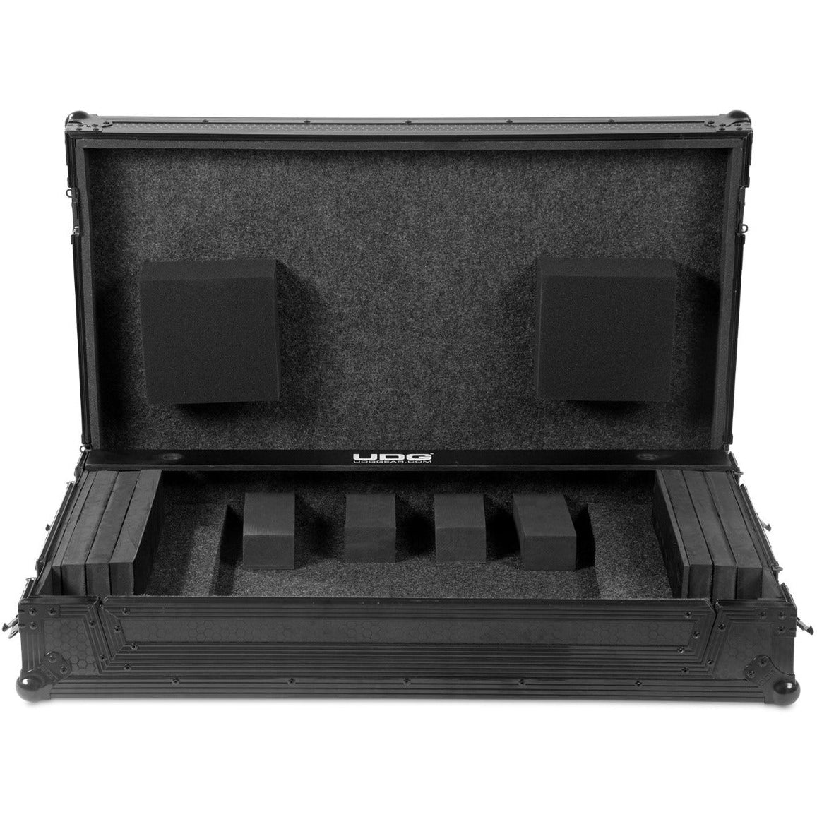 UDG Ultimate Flight Case Multi Format 3XL Black Plus with wheels, designed for DJ equipment, featuring sturdy construction and secure latches.