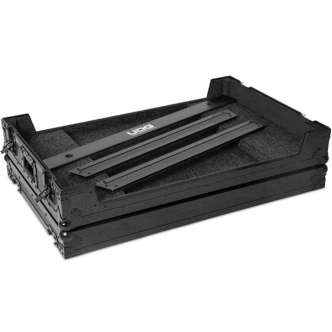 UDG Ultimate Flight Case Multi Format 3XL Black Plus with wheels, designed for DJ equipment, sturdy black case with secure latches.