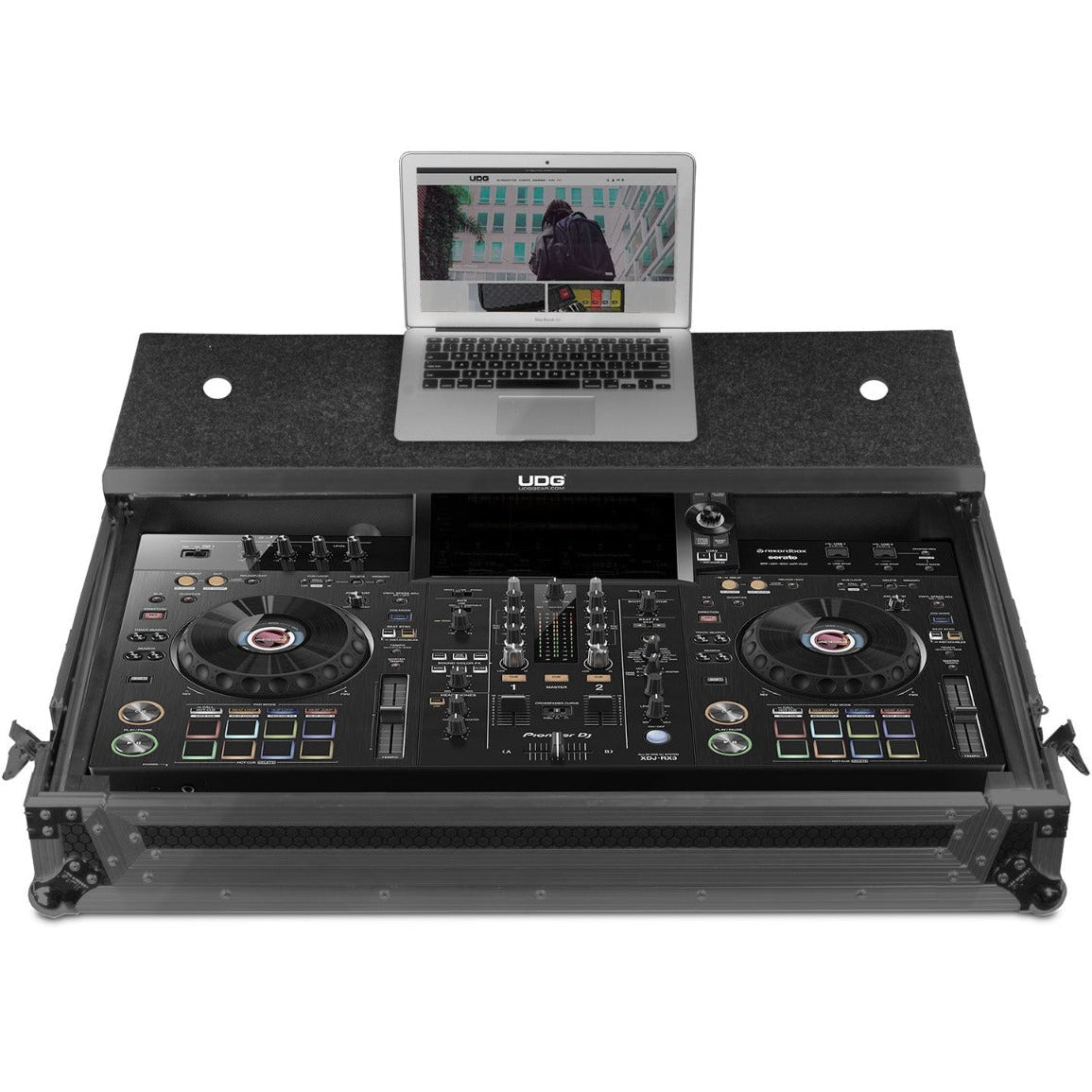 UDG Ultimate Flightcase for XDJ-RX3 with laptop tray and wheels, showcasing sturdy design and protective features.
