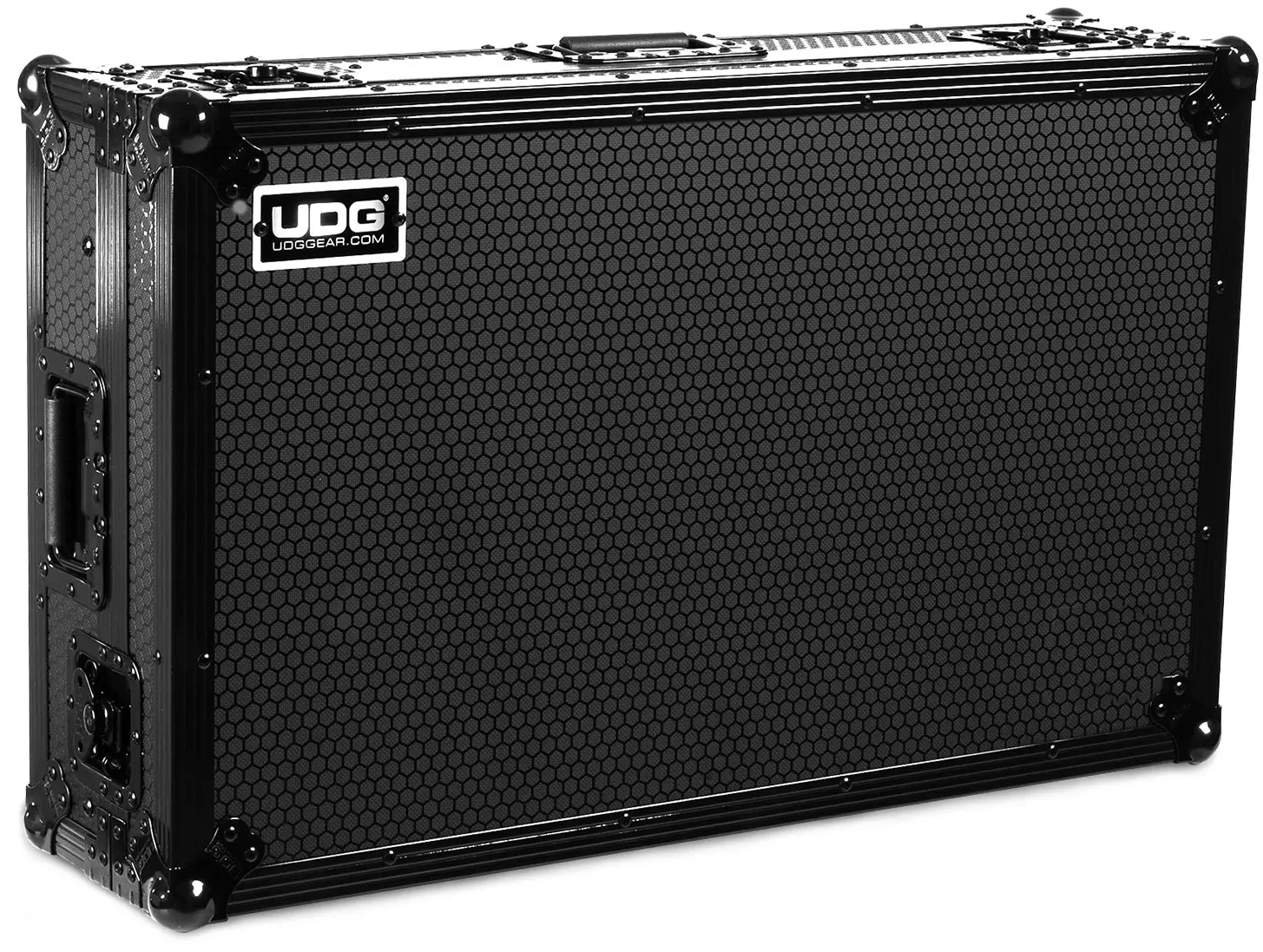 UDG Ultimate Flight Case AlphaTheta DDJ-GRV6 black DJ flight case with laptop shelf for DJ equipment protection.