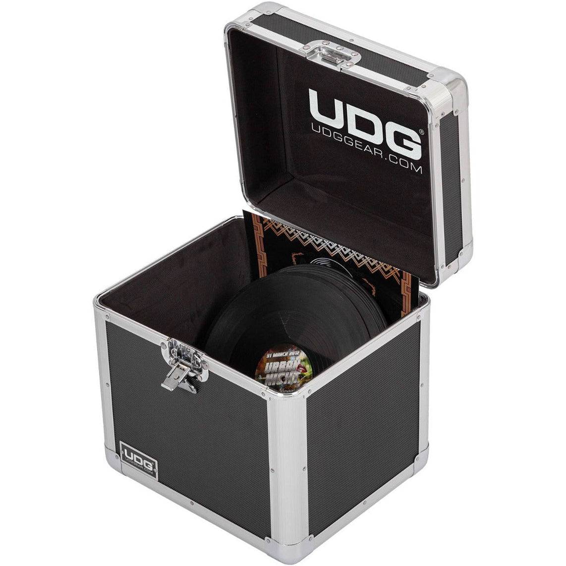 UDG Ultimate Record Case 80 in silver, designed for DJs, showcasing a sturdy exterior and ample vinyl storage space.