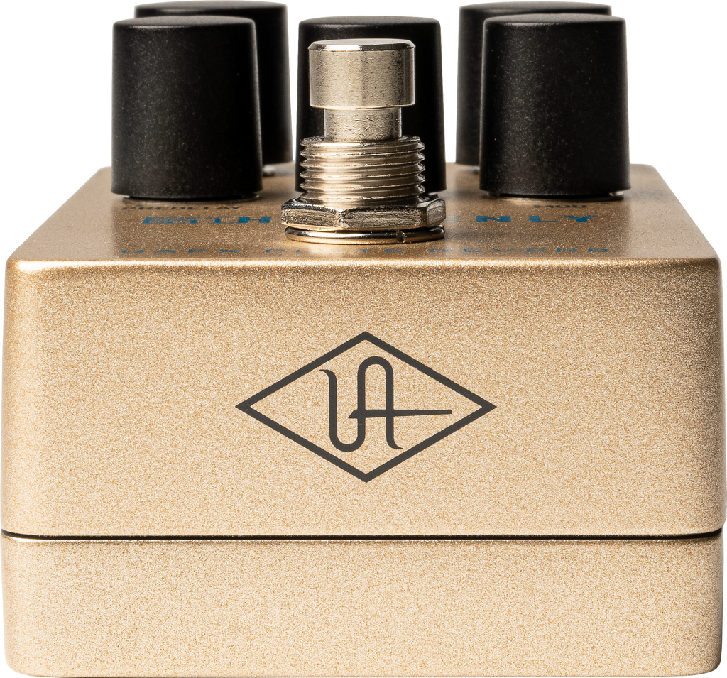 Universal Audio UAFX Heavenly Plate Reverb effects pedal with control knobs and input/output jacks on a black background.