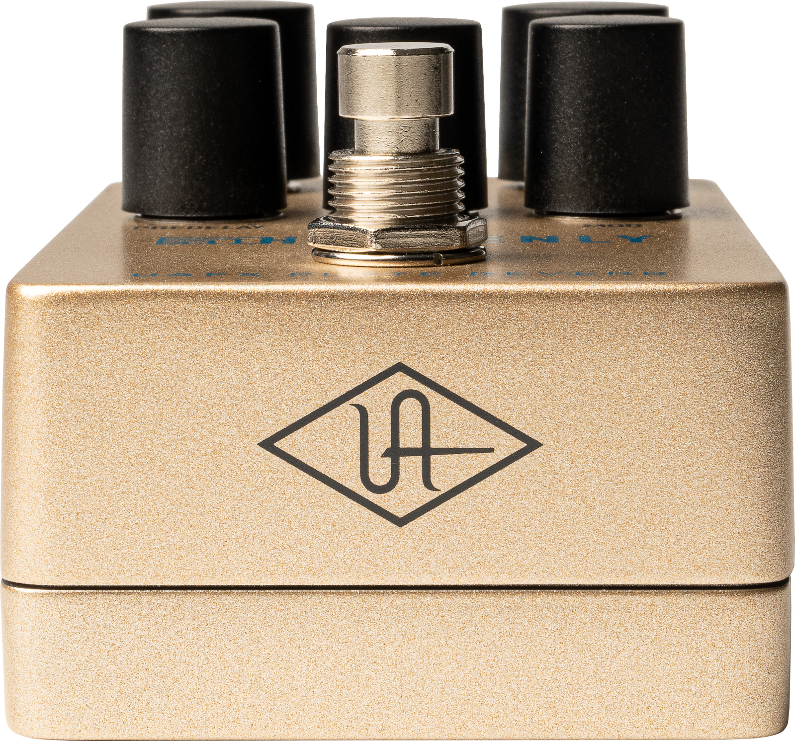 Universal Audio UAFX Heavenly Plate Reverb effects pedal with control knobs and input/output jacks on a black background.