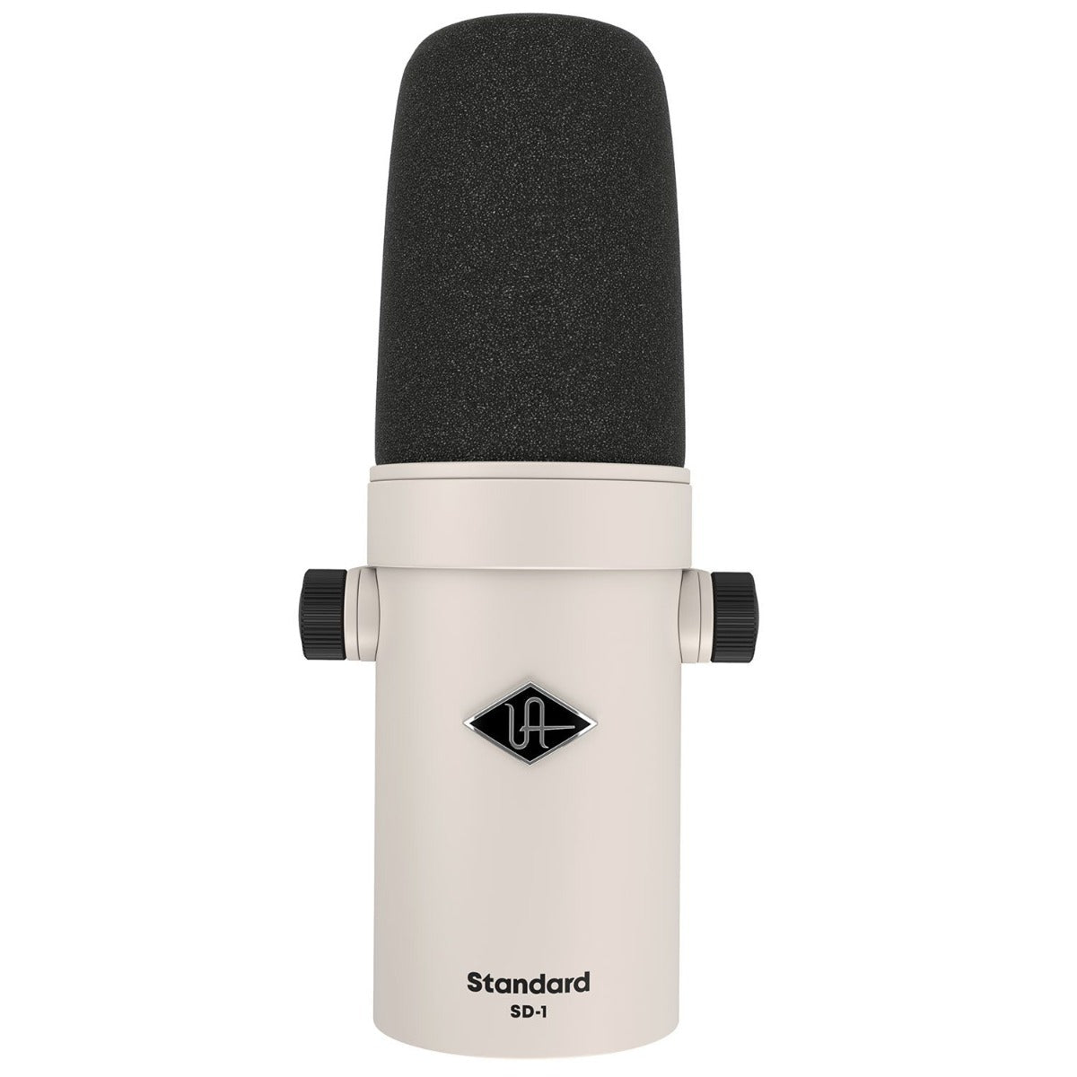 Universal Audio SD-1 dynamic microphone with black body and silver grille, positioned for vocal or instrument recording.