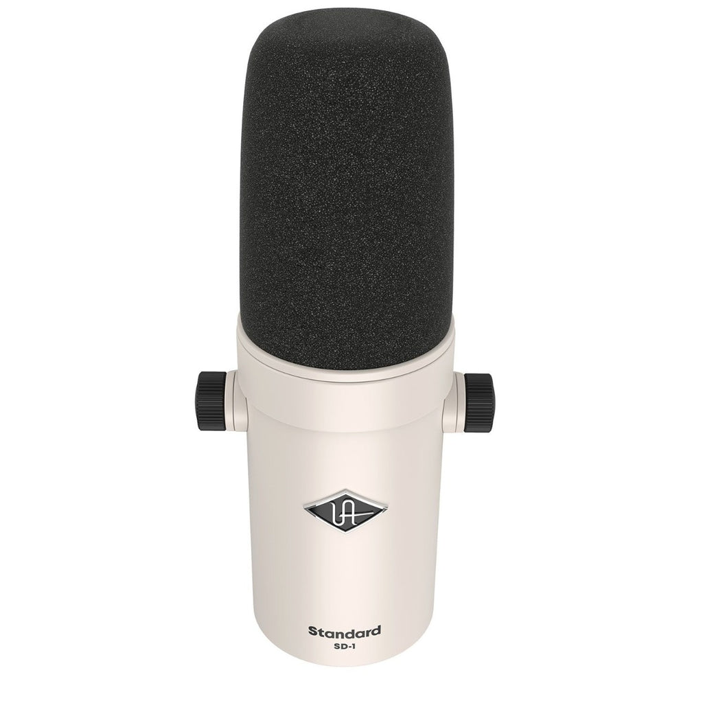 Universal Audio SD-1 dynamic microphone shown with professional metal grille and black body for vocal and instrument recording.