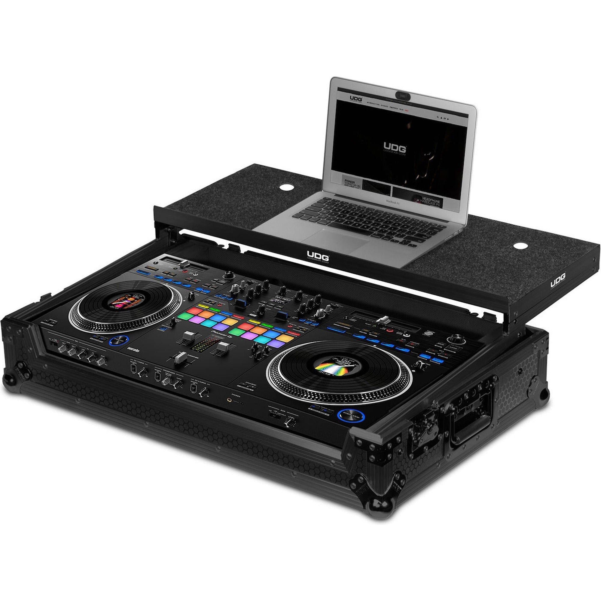 UDG Ultimate Flight Case for Pioneer DDJ-REV7 DJ controller with laptop shelf and wheels, black professional DJ flight case.