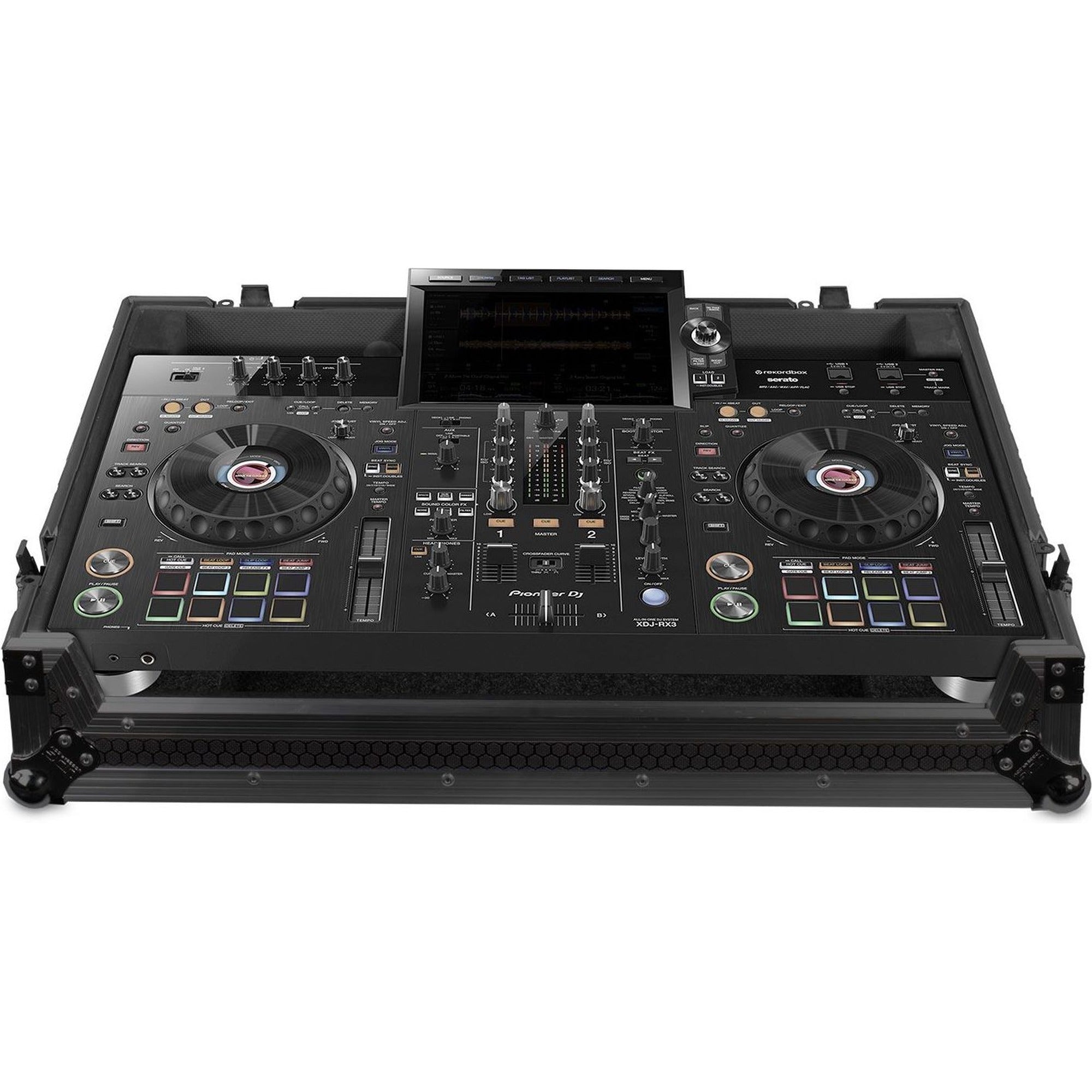UDG Ultimate Flight Case for Pioneer XDJ-RX3 DJ controller in black with wheels, durable protective case for travel and performance.