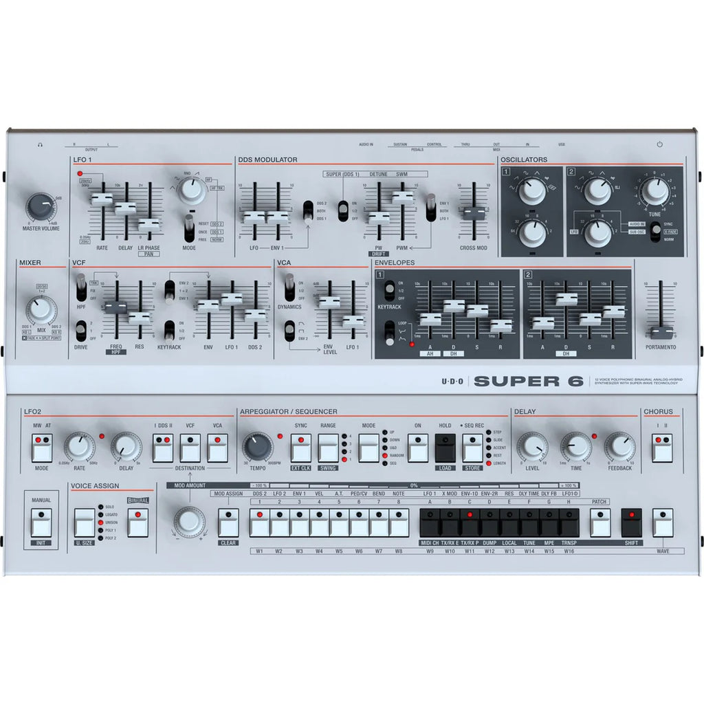 UDU Audio Super 6 desktop synthesizer with multiple knobs and controls, showing its sleek black design and interface.