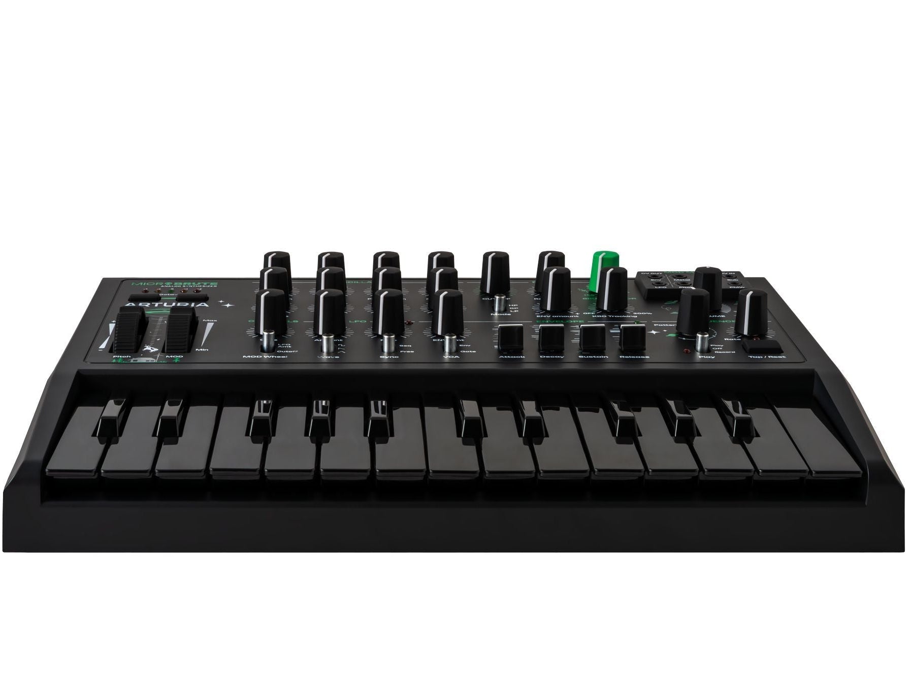 Front view of the Arturia MicroBrute UFO keyboard synthesizer showcasing its knobs and compact design.